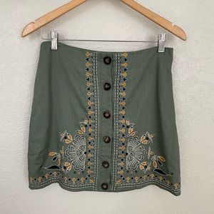 Francesca’s Blue Rain green button down embroidered skirt. Size small